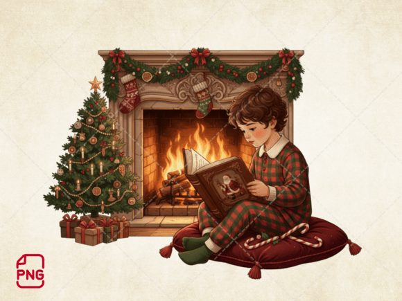 Download Cozy Christmas Reading by Fireplace PNG - Premium Bundle